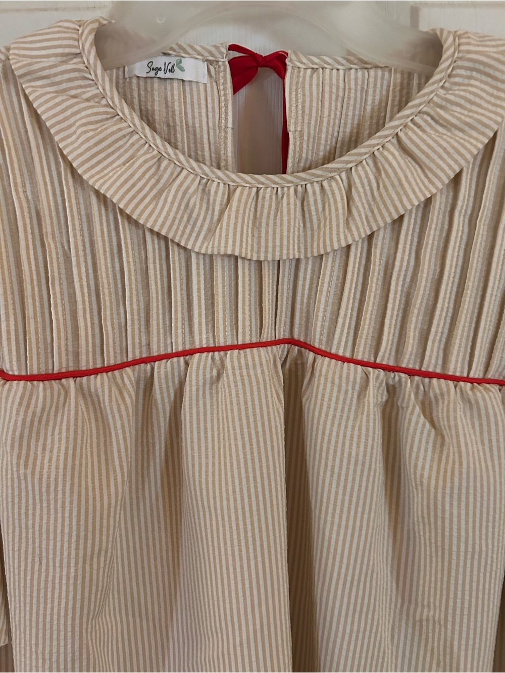 Seersucker Ruffle-Yoke Blouse with Red Piping and Tie Back